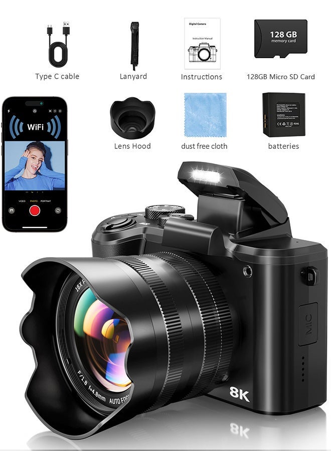 8K Digital Camera, 88MP Cameras for Photography with WiFi & Touch Screen, 16X Zoom Vlogging Camera for YouTube Video, Autofocus & Anti-Shake, Dual Camera, Batteries, 128GB Card, Flash, Lens Hood - Image 2